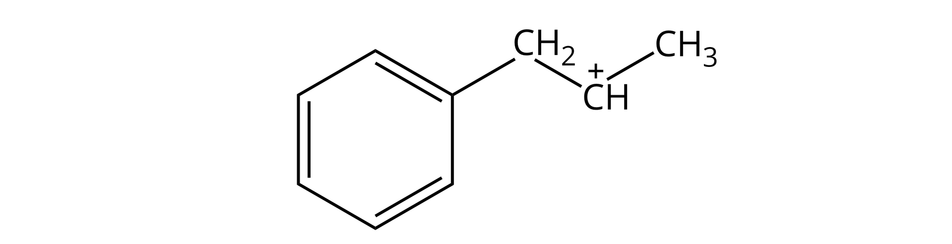 Karbokation 1-fenylo-2-propylowy o strukturze grupa CH obdarzona cząstkowym ładunkiem dodatnim związana z grupą CH3 oraz grupą CH2, która to łączy się z pierścieniem fenylowym. Bardziej trwały, ponieważ wyżej rzędowy.