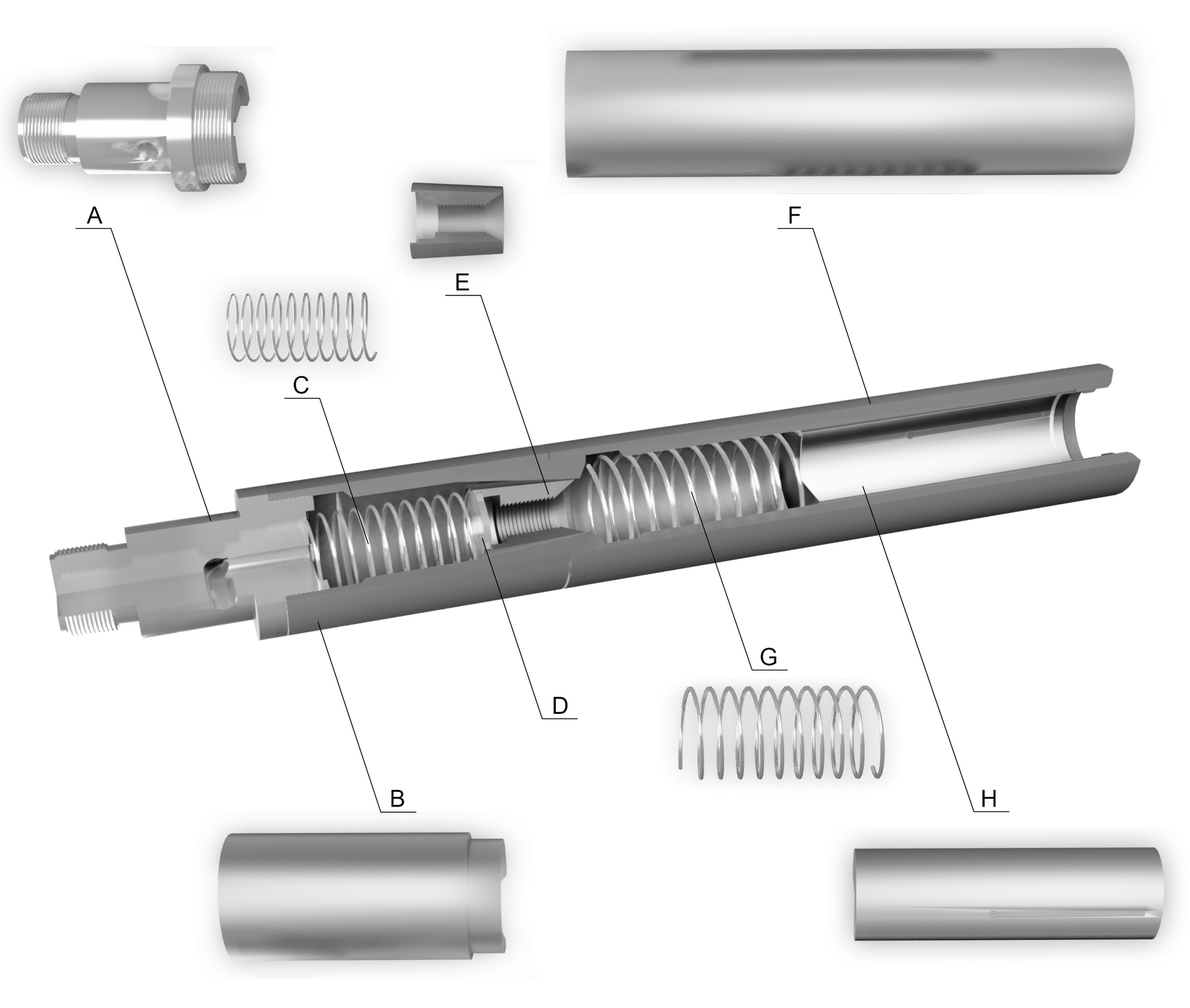 Na zdjęciu znajduje się przekrój korony do żerdzi pompowych. Rurka składa się z kilku części, a każda z nich jest opisana kolejną literą alfabetu. Pierwsza od lewej jest część A. Jest to prostokąt rozszerzający się u dołu za pomocą dwóch schodków. Według legendy część A to górna część korony z łącznikiem. Część B to lewa część całej rurki. Jest to osłona górna korony lub tez inaczej klinów. Z lewej strony rurki znajduje się sprężyna z literą C. Jest to sprężyna klinów zaciskowych. Po jej prawej stronie znajduje się nakładka z literą D, czyli kliny do żerdzi oraz łącznik w kształcie stożka oznaczony literą E. Jest to pierścień sprężynujący. Stożek jest pusty w środku i ma rowki na połączenie gwintowe. Po prawej stronie łącznika znajduje się kolejna sprężyna tym razem oznaczona literą G. Jest to sprężyna dociskowa tuty. Główna część rurki oznaczona jest literą F i jest to osłona dolna korony lub też inaczej tuty ślizgowej. Przy prawym końcu znajduje się element H, jest on w kształcie walca wyciętego w środku i połączony jest ze sprężyną. Element H to tuta ślizgowa z zatrzaskiem. 