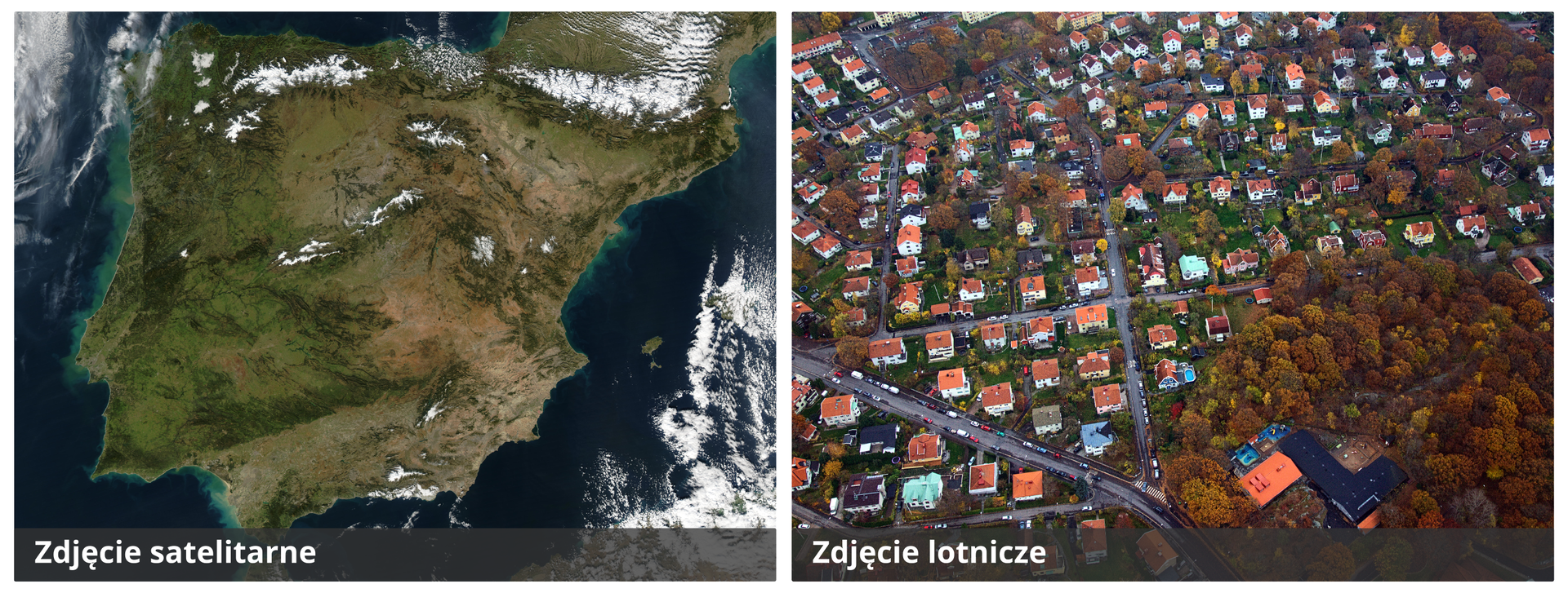 Ilustracja przedstawia zdjęcie satelitarne i zdjęcie lotnicze. Po lewej stronie jest zdjęcie satelitarne Półwyspu Iberyjskiego. Ląd na zachodzie półwyspu ma kolor zielony. Im bardziej na wschód tym kolor jaśnieje, do beżowego. Półwysep otoczony niebieskim morzem. Po prawej stronie zdjęcie lotnicze osiedla domków jednorodzinnych. Domki mają czerwone dachy. W prawym dolnym rogu fotografii jest park.