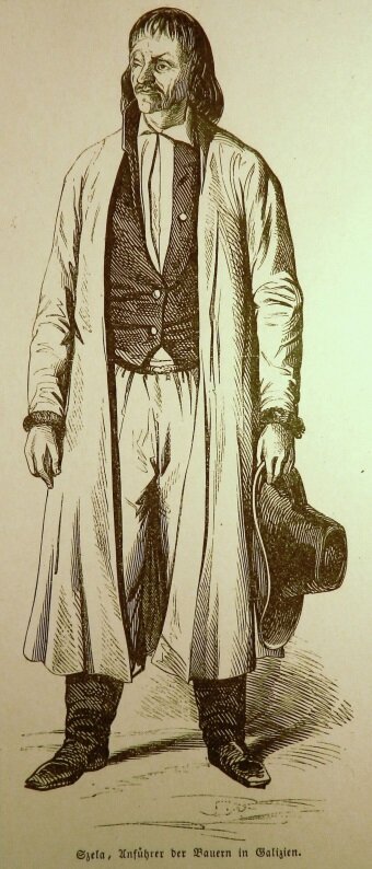 Na ilustracji mężczyzna w długim płaszczu. W ręku trzyma kapelusz. Mężczyzna ma ostre rysy twarzy oraz półdługie włosy.