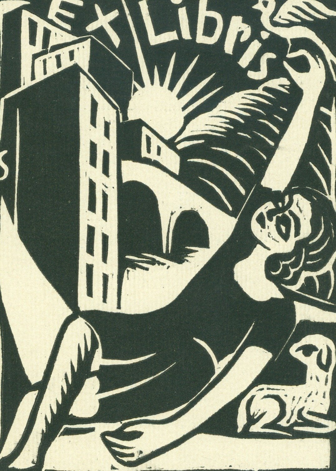 Obraz przedstawia czarno-biały rysunek kobiety sięgającej od dołu ku górze, gdzie znajduje się napis ex libris. W tle widoczne są piętrzące się budynki oraz słońce. Kobieta zdaje się leżeć na ziemi, za nią leży mała owieczka.