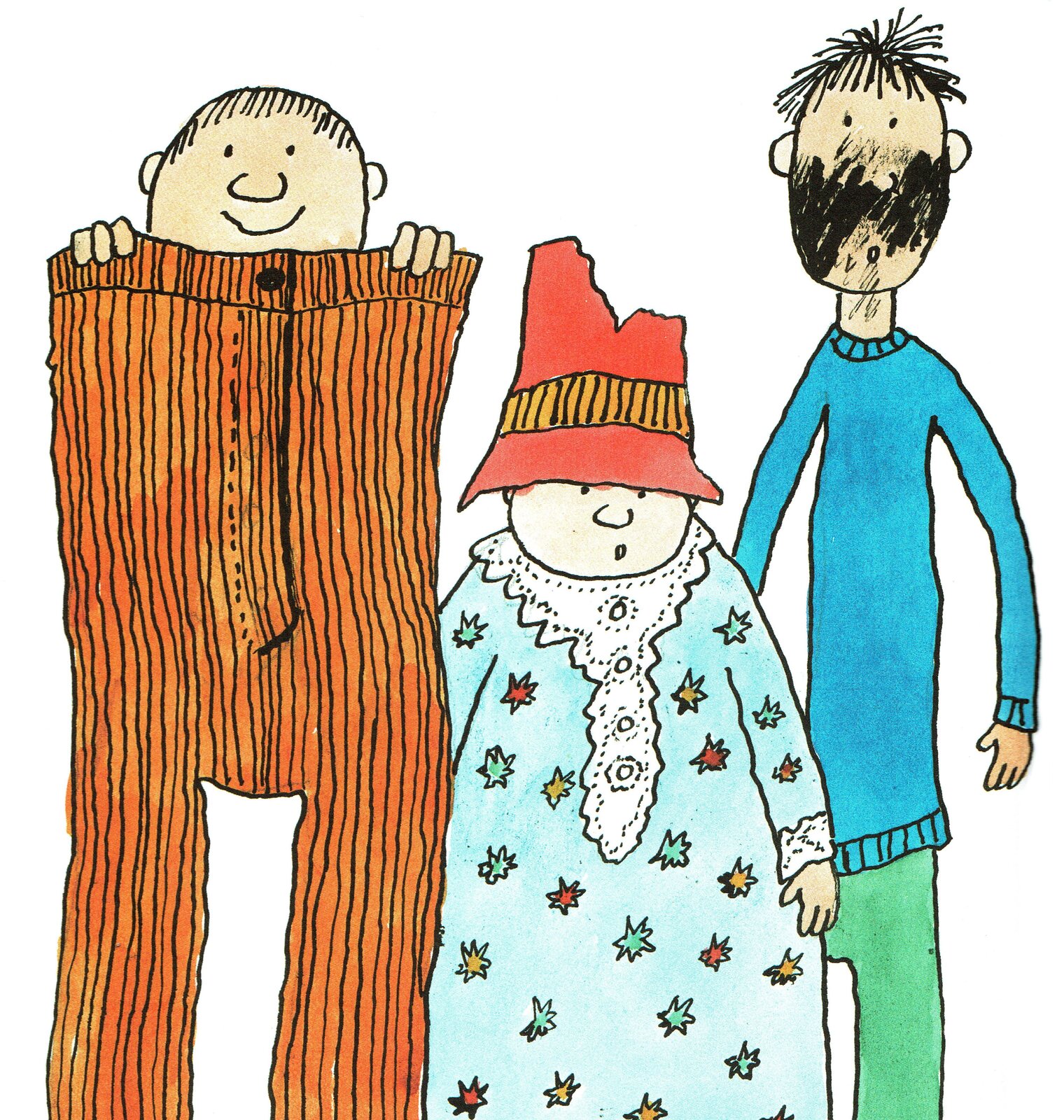 Ilustracja przedstawia pracę Bohdana Butenki z książki Władysława Broniewskiego "Dla dzieci". Ukazuje trzy postacie. Chłopiec po lewej ma założone za duże pomarańczowe spodnie w czarne prążki, które sięgają za brodę, trzyma je rękoma. Po prawej stronie stoi szczupły chłopiec w niebieskim swetrze i zielonych spodniach, jego twarz jest ubrudzona. Pomiędzy nimi znajduje się starsza kobieta w podartym czerwonym kapeluszu i błękitnej sukience w zielone, żółte i czerwone gwiazdki z białym koronkowym wykończeniem przy kołnierzu i rękawach.