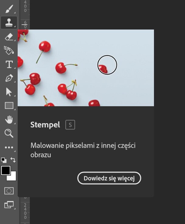 Grafika przedstawia retuszowanie w programie Adobe Photoshop. Widoczny jest zrzut ekranu programu, z menu po lewej stronie z szaro‑czarnym prostokątem, na którym znajduje się napis Stempel Malowanie pikselami z innej części obrazu.