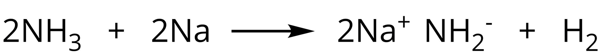 Ilustracja przedstawia pierwszy etap reakcji. Dwie cząsteczki amoniaku NH3, dodać dwa atomy sodu Na, strzałka w prawo, za strzałką. Dwie cząsteczki związku jonowego o wzorze Na+NH2-, dodać cząsteczkę wodoru H2.