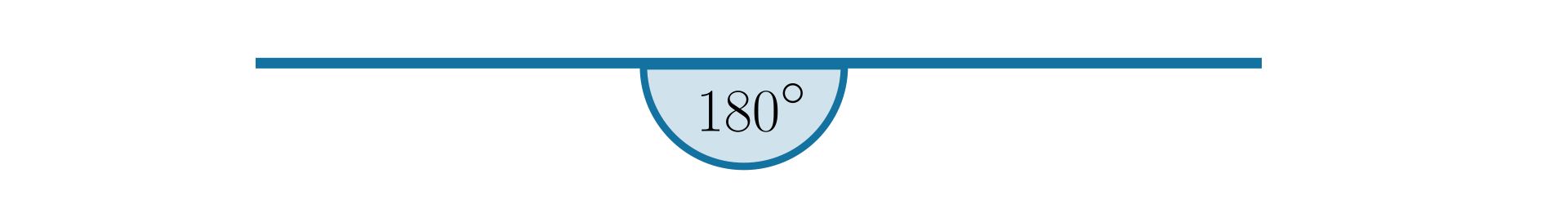 Rysunek przedstawia poziomą półprostą oraz kąt półpełny zaznaczany łukiem pod półprostą. W środku łuku znajduje się jego miara sto osiemdziesiąt stopni. 