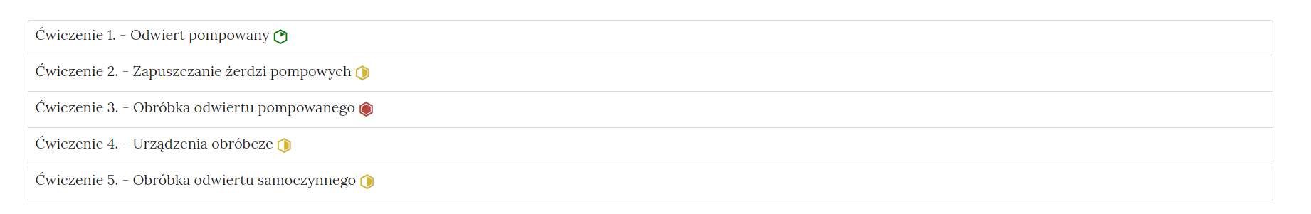 Na rysunku przedstawiono widok listy zadań. Lista zadań jest sporządzona z rozwijalnych zakładek. Każda zakładka stanowi wiersz zawierający te same informacje. Z lewej strony wiersza umieszczony jest numer ćwiczenia. Przykładowy zapis: Ćwiczenie numer 1. Obok numeru znajduje się tytuł zadania. Przykładowy zapis dla ćwiczenia numer 1: Odwiert pompowany. Po prawej stronie wiersza widać kolorowy symbol. Symbol określa poziom trudności. Przykładowy symbol dla ćwiczenia numer jeden ma kształt sześciokąta. Jedna z sześciu części sześciokąta została zamalowana kolorem zielonym. Symbol ten oznacza zadanie na poziomie łatwym.