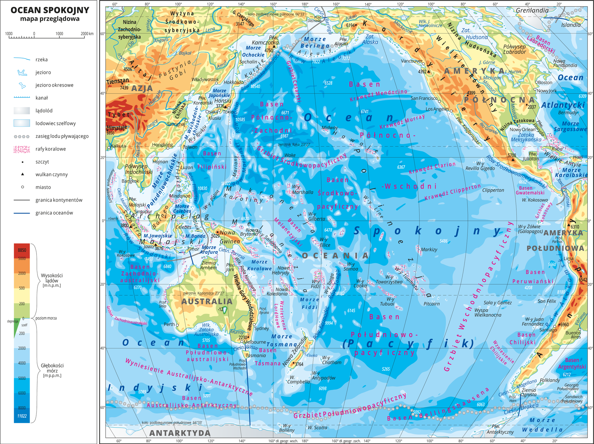 Ilustracja przedstawia mapę Oceanu Spokojnego. W obrębie lądów występują obszary w kolorze zielonym, żółtym, pomarańczowym i czerwonym. Morza zaznaczono sześcioma odcieniami koloru niebieskiego i opisano głębokości. Ciemniejszy kolor oznacza większą głębokość. W obrębie wód przeprowadzono granice między oceanami. Na mapie opisano nazwy kontynentów, wysp, głównych pasm górskich, morza i zatoki. Oznaczono i opisano największe miasta. Mapa pokryta jest równoleżnikami i południkami. Dookoła mapy w białej ramce opisano współrzędne geograficzne co dwadzieścia stopni. W legendzie umieszczono i opisano znaki użyte na mapie. Ocean Spokojny otaczają następujące lądy: zachodnia część obu Ameryk, wschodnia część Azji i Australii.