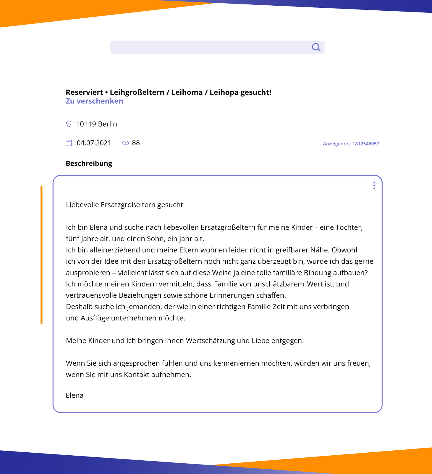 Ilustracja przedstawia ogłoszenie o poszukiwaniu dziadków zastępczych. Transkrypcja jest dostępna poniżej.