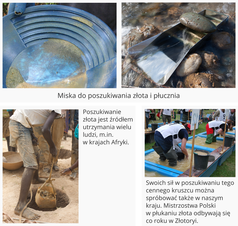 Ilustracja przedstawia cztery zdjęcia związane z poszukiwaniem złota. Dwa górne zdjęcia przedstawiają w zbliżeniu przyrządy do poszukiwania złota: płaską miskę do płukania o ściankach ukształtowanych w schodki oraz płucznię, czyli metalowe podłużne korytko montowane w nurcie rzeki, pełniące podobną rolę, jak miska. Poniżej widoczne są dwa zdjęcia. Lewe przedstawia czarnoskórego mężczyznę wydobywającego z dziury w ziemi zawieszony na sznurze worek z kopalinami. Podpis obok tego zdjęcia głosi: Poszukiwanie złota jest źródłem utrzymania wielu ludzi między innymi w krajach Afryki. Zdjęcie po prawej stronie przedstawia zawody w płukaniu złota. Szereg umieszczonych obok siebie ponumerowanych stanowisk wypełnionych jest mętną wodą. W każdym stoi jeden zawodnik pochylony z misą, obok ma wiadro i inne narzędzia. Podpis głosi: Swoich sił w poszukiwaniu tego cennego kruszcu można spróbować także w naszym kraju. Mistrzostwa Polski w płukaniu złota odbywają się co roku w Złotoryi.
