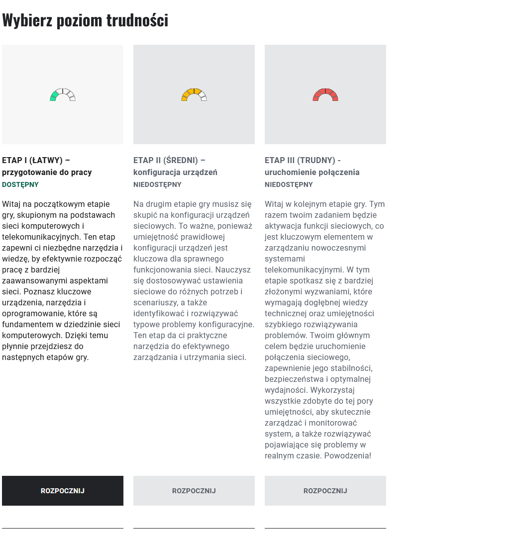 Grafika przedstawia okno wyboru poziomu trudności gry. Widoczne są opisy trzech poziomów. Pod każdym z opisów widoczny jest przycisk: Rozpocznij. Jedynie przycisk poziomu łatwego jest aktywny.