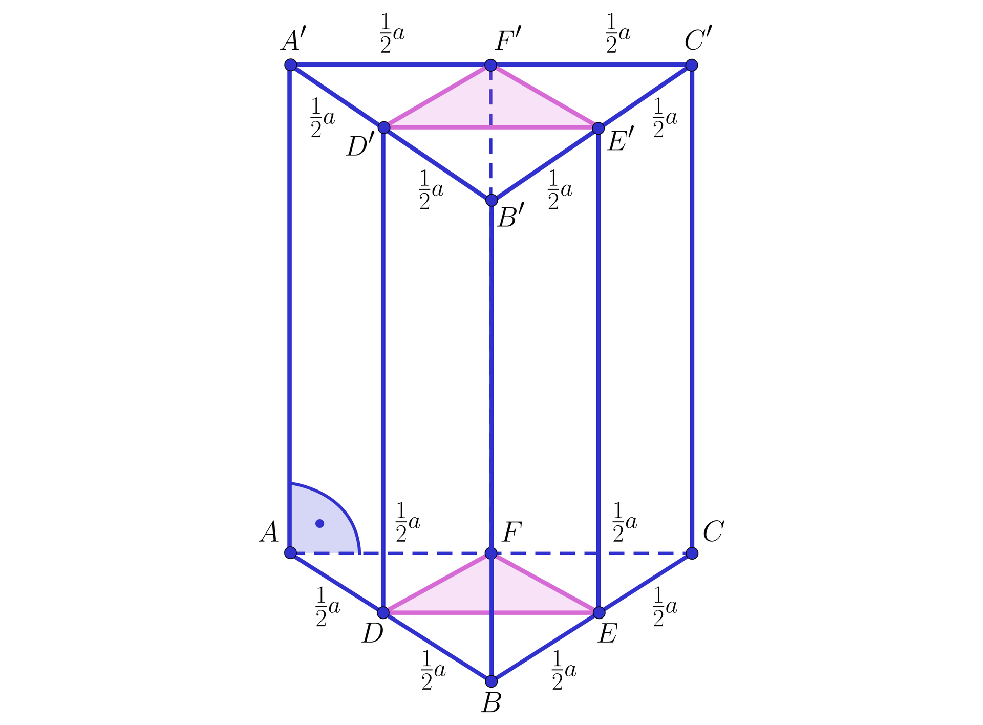 Na ilustracji przedstawiono graniastosłup prawidłowy trójkątny, którego dolną podstawę oznaczono ABC, natomiast górną odpowiednio literami z indeksem prim. Zaznaczono punkty stanowiące środki krawędzi podstaw. Punkt D na krawędzi AB, punkt E na krawędzi BC, punkt F na krawędzi AC oraz w podstawie górnej punkty D prim, E prim, F prim. Zacieniowano trójkąty DEF oraz D'E'F'. Krawędź boczna tworzy z krawędzią podstawy kąt prosty.