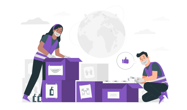 Kliknij, aby powiększyć Na ilustracji dwie osoby - kobieta i mężczyzna, którzy pakują kartony. Mają na ustach maseczki jednorazowe. Ubrani są w kamizelki odblaskowe. Na rękach mają rękawiczki ochronne. Na kartonach są naklejone rysunki przedstawiające: butelkę z dozownikiem, rękawiczki, kartki. W tle jest kula ziemska.