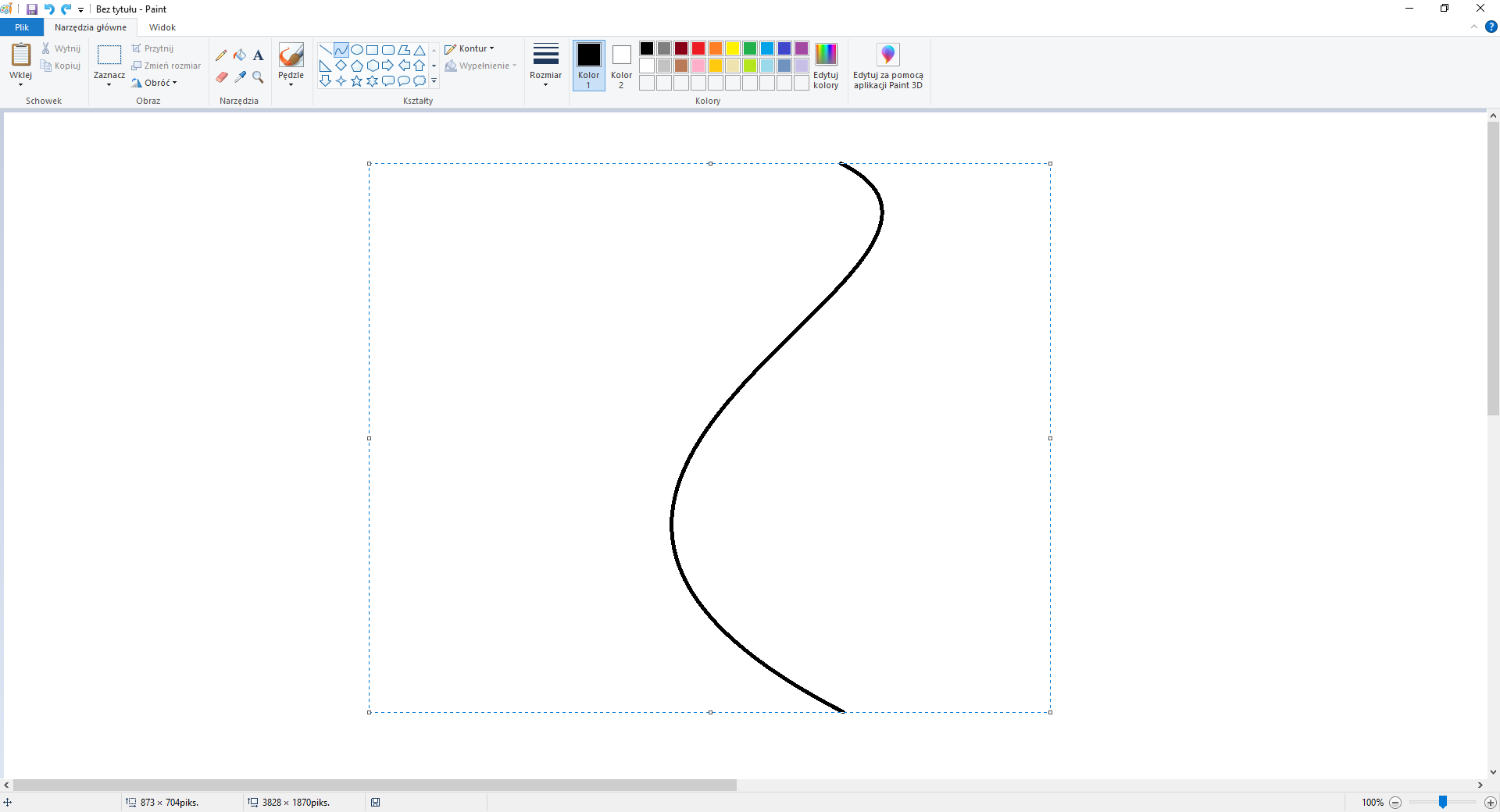 Ilustracja przedstawia rysowanie krzywej w programie Paint. Na środku czystego pola znajduje się jedna krzywa, bliska kształtu litery "S". 