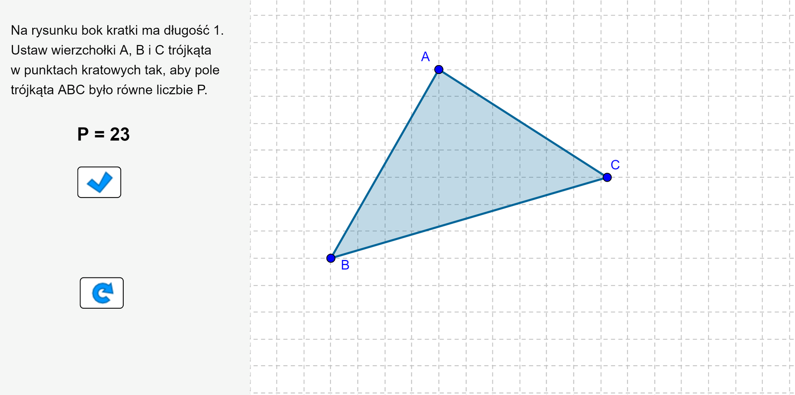 Animacja pokazuje trójkąt A B C leżący na kratownicy o boku długości 1. Należy ustawić wierzchołki A, B i C trójkąta w punktach kratowych tak, aby pole trójkąta A B C było równe podanej liczbie a.