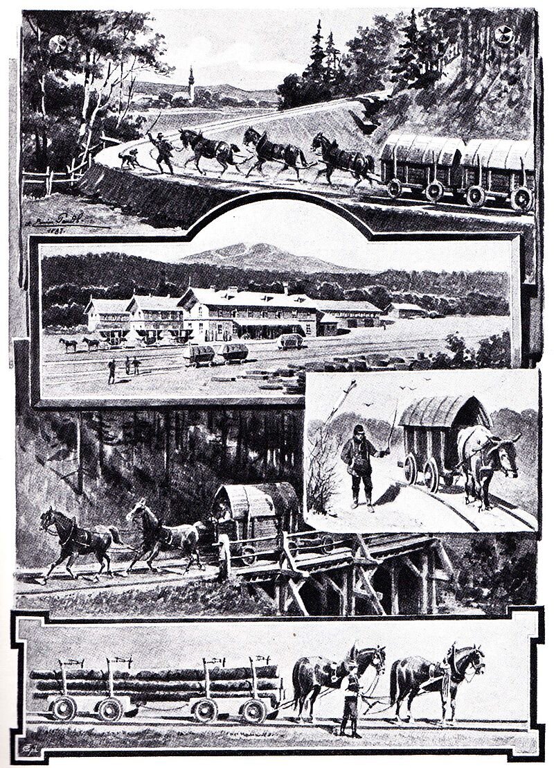 Ilustracja przedstawia kolaż zdjęć, na których są wozy - ciągnięte przez konie lub woła. Wozy poruszają się po torach. 