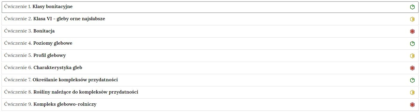 Zdjęcie przedstawia zakładki z numerami i opisem poszczególnych ćwiczeń wraz z ich poziomej trudności. Każda zakładka opatrzona jest opisem Ćwiczenie (numer ćwiczenia) oraz opisem zagadnienia, z którym powiązane jest dane ćwiczenie. Na prawym końcu znajdują się elementy graficzne mówiące o poziome trudności danego ćwiczenia: zielony to poziom łatwy, żółty to poziom średni a czerwony poziom trudny. 