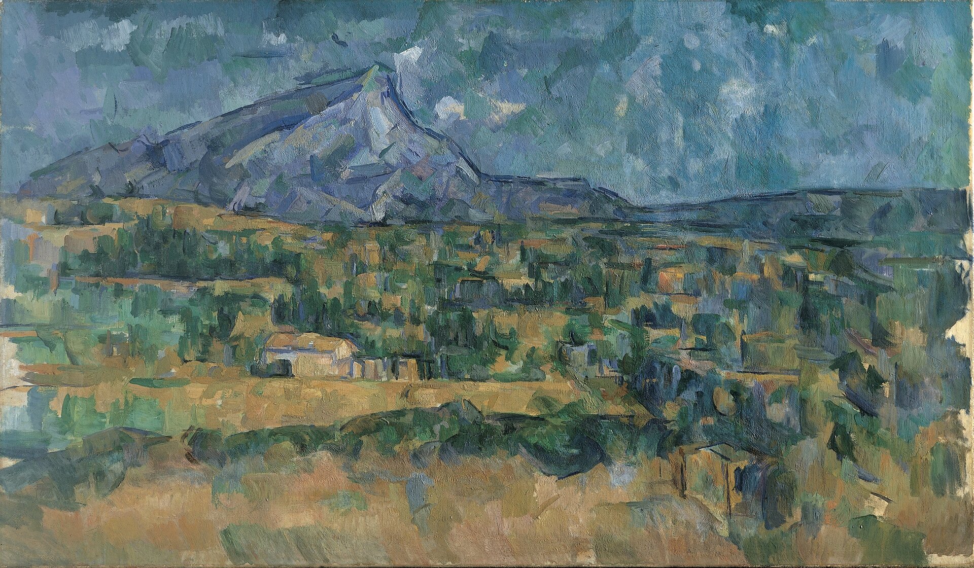 Obraz przedstawia krajobraz, na którym daleko, na horyzoncie znajduje się szaroniebieska góra. Przed nią znajdują się trawy i drzewa, a także stoi jeden dom. Elementy zostały namalowane niewyraźnie. Drzewa to tylko zielone pociągnięcia pędzlem w jedną stronę.