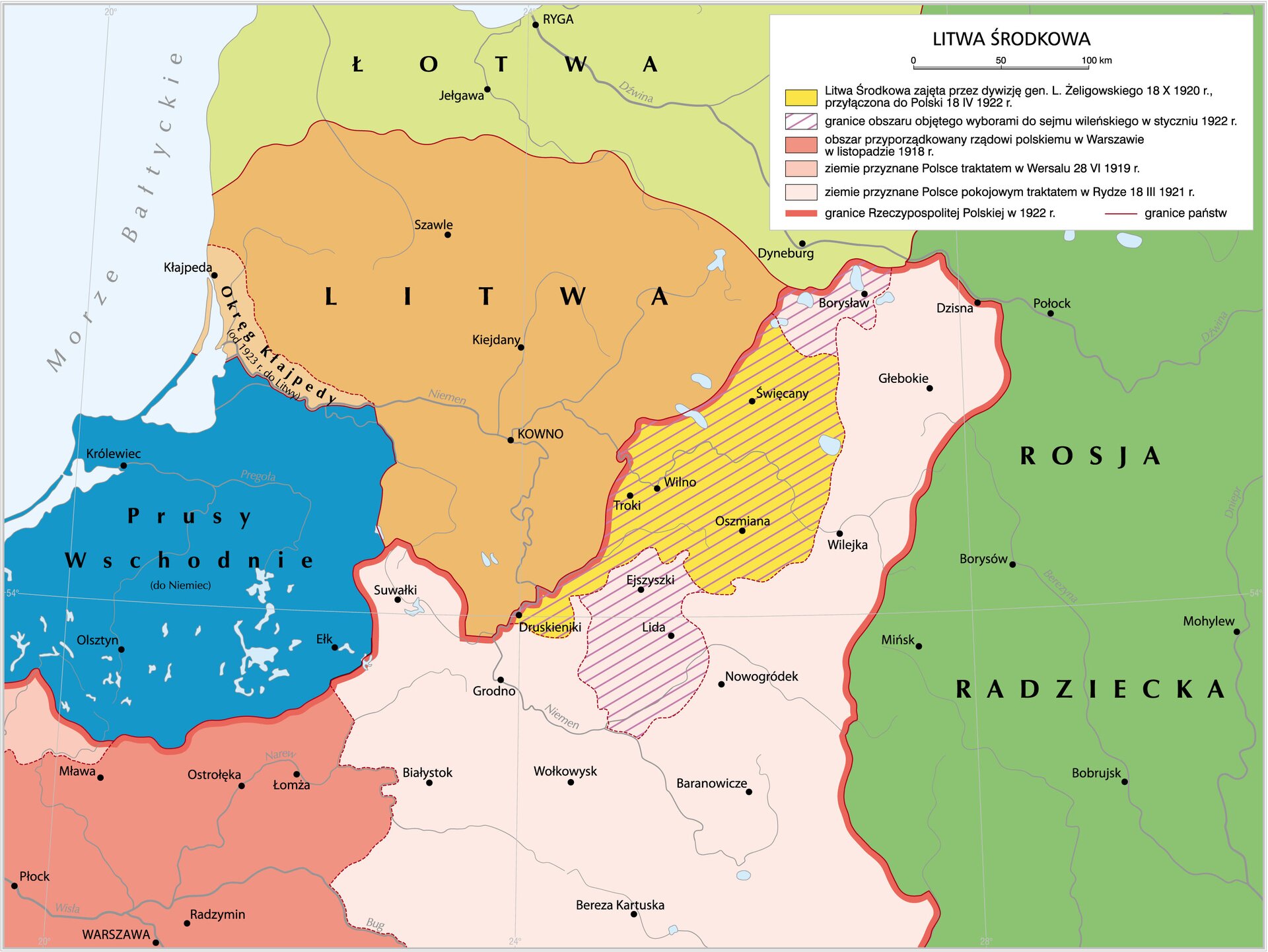 Mapa przedstawia Litwę i tereny z nią sąsiadujące w pierwszych latach dwudziestolecia międzywojennego. Stolicą Litwy jest Kowno. Graniczy ona na północy z Łotwą, na wschodzie i południu z Polską, a na zachodzie z Niemcami, ma również dostęp do morza Bałtyckiego. Na wschód od Litwy znajduje się Wileńszczyzna kontrolowana przez Polskę, na której obszarze w styczniu 1922 roku przeprowadzono wybory do sejmiku wileńskiego. Na centralnym obszarze Wileńszczyzny Polska utworzyła Litwę Środkową po zajęciu tego obszaru przez dywizję generała Żeligowskiego 18 października 1920 roku. 18 kwietnia 1922 roku Litwa Środkowa została włączona do Polski. Na zachodzie kraju znajduje się okręg Kłajpedy, który został do niej włączony w 1923 roku.
