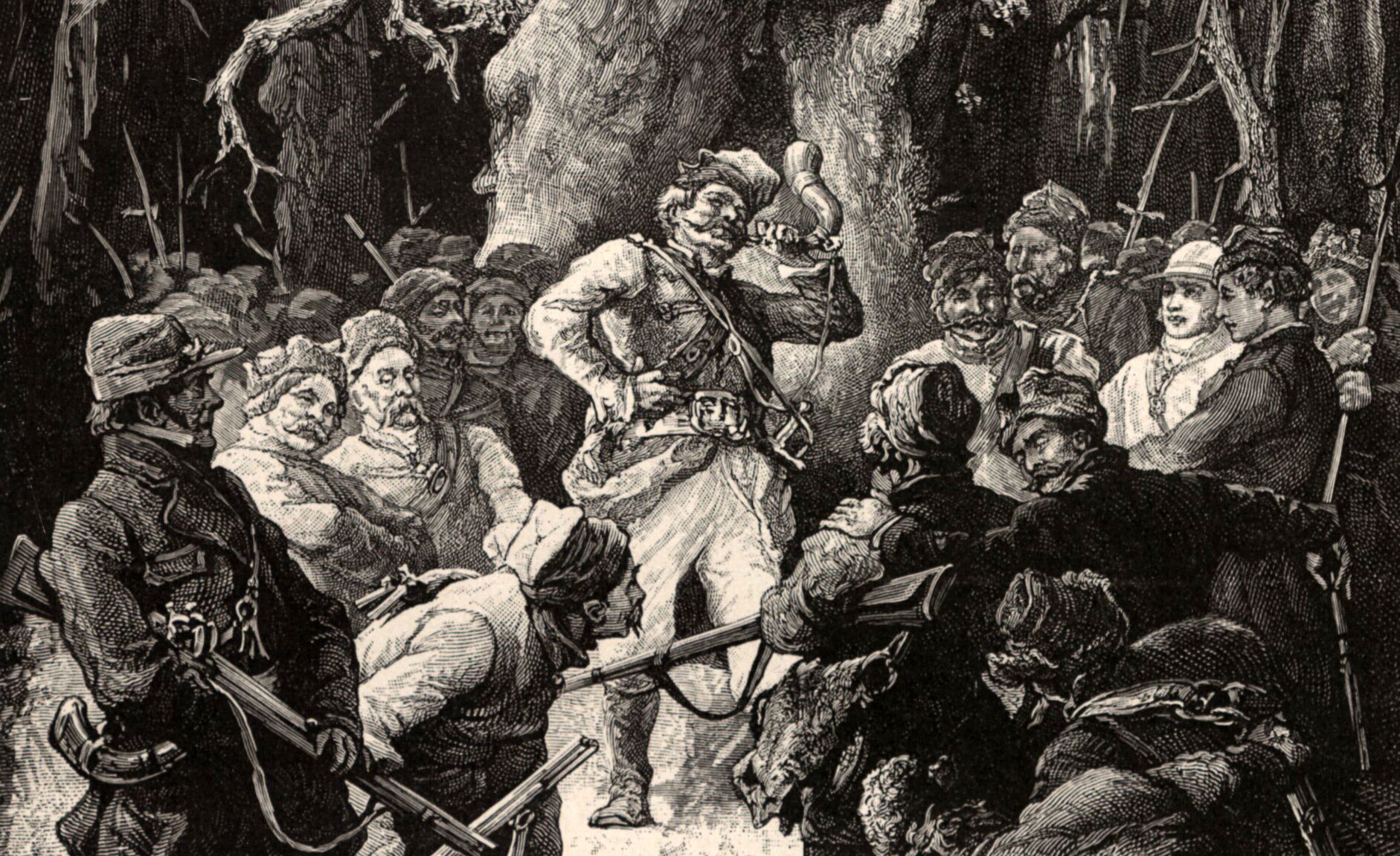 Zorientowany poziomo fragment czarno‑białej ilustracji Michała Elwiro Andriollego do czwartej księgi „Pana Tadeusza” Adama Mickiewicza przedstawiającej koncert Wojskiego na rogu. Scena rozgrywa się w gęstym lesie w czasie polowania. Tytułowy bohater zajmuje centralne miejsce pośród dwóch grup słuchaczy stojących po lewej i prawej stronie, za nimi nadchodzą inni, wyłaniając się z drzew stanowiących tło sceny. Wojski stoi wyżej od tłumu na tle potężnego pnia dębu, góruje ponad stłoczonymi uczestnikami polowania. Stoi w rozkroku, w jasnych spodniach, wpuszczonych w wysokie opinające łydki buty z cholewami. Odchylił się nieco do tyłu, z prawą dłonią wspartą na boku w miejscu, gdzie krzyżują się dwa pasy. Jeden szerszy z dużą klamrą, z podwieszoną przy lewym boku szablą, spina krótki myśliwski kubrak i drugi przechodzący skosem od prawego ramienia przez pierś. Na nim zawisa ładownica z przyborami do strzelby. Wojski ma wąsy, jego twarz ukazana prawym półprofilem nieco od dołu. Do lewego kącika ust przytknięty cienki koniec rogu, który wygina się w kształt litery "s", trzymany jest w lewej dłoni na prawo od wysokiej czapki konfederatki. Na Wojskiego i jego najbliższe otoczenie pada ostre światło. Dookoła kłębi się tłum mężczyzn w różnym wieku z myśliwskimi strzelbami. Jedni mają czapki z futrem na głowie inni czapki z kaszkietem. Wszyscy mają sumiaste wąsy,  nie mają ich tylko dwaj młodzieńcy stojący z prawej strony. Tło stanowi gęsty las.