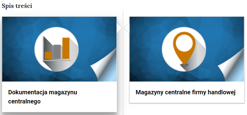 Grafika przedstawia fragment spisu treści. Znajdują się na niej dwa niebieskie prostokąty. Pośrodku lewego prostokąta w białym kole znajduje się wykres z trzema kolumnami. Poniżej prostokąta napis: "Dokumentacja magazynu centralnego". Pośrodku prawego prostokąta w białym kole znajduje się pomarańczowy znacznik. Poniżej napis: "Magazyny centralne firmy handlowej".