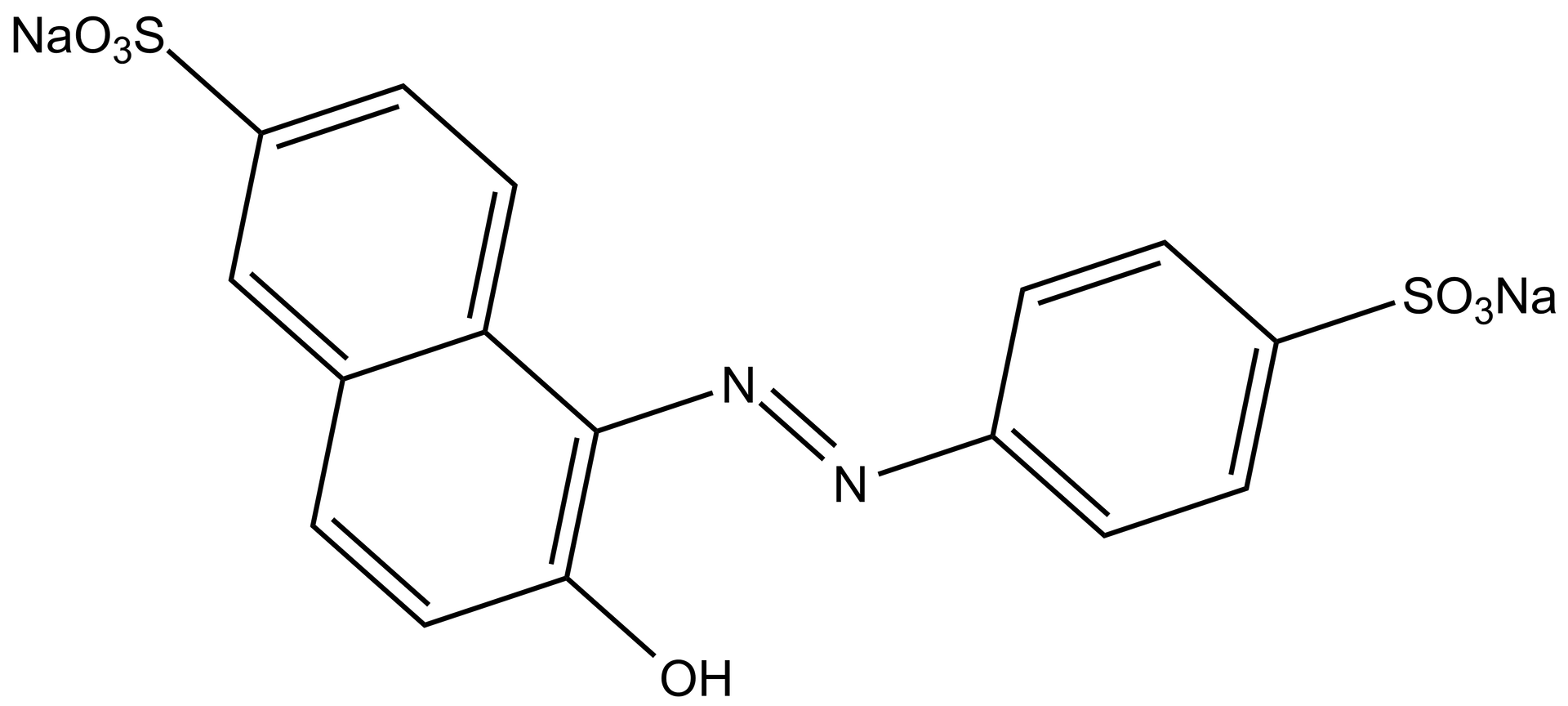 Ilustracja przedstawia wzór żółcieni pomarańczowej. W centralnej części wzoru dwa atomy azotu połączone są wiązaniem podwójnym. Jeden z atomów azotu po prawej stronie łączy się z sześcioczłonowym pierścieniem z trzema wiązaniami podwójnymi. Ten po prawej stronie u góry łączy się z                S       O                 3                N     a    . Atom azotu leżący po lewej stronie wzoru łączy się z lewej strony z sześcioczłonowym pierścieniem z dwoma wiązaniami podwójnymi. Pierścień ten na dole po prawej stronie łączy się z grupą hydroksylową, a u góry przylega do sześcioczłonowego pierścienia z trzema wiązaniami podwójnymi, który łączy się z u góry z                N       a       O                 3                     S    .    