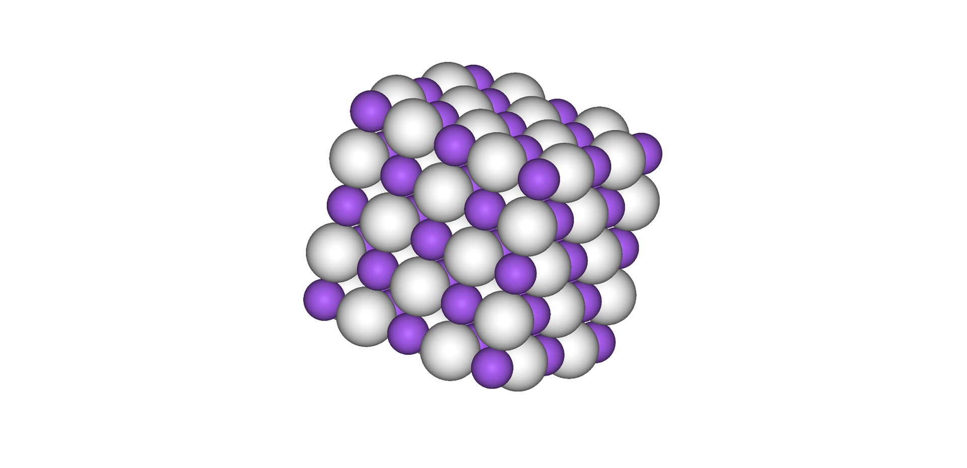 Ilustracja przedstawia model kulkowy struktury wodorku sodu. Atomy sodu, będące fioletowymi kulkami, i atomy wodoru, reprezentowane przez białe kulki, są ułożone naprzemiennie i tworzą sześcian.