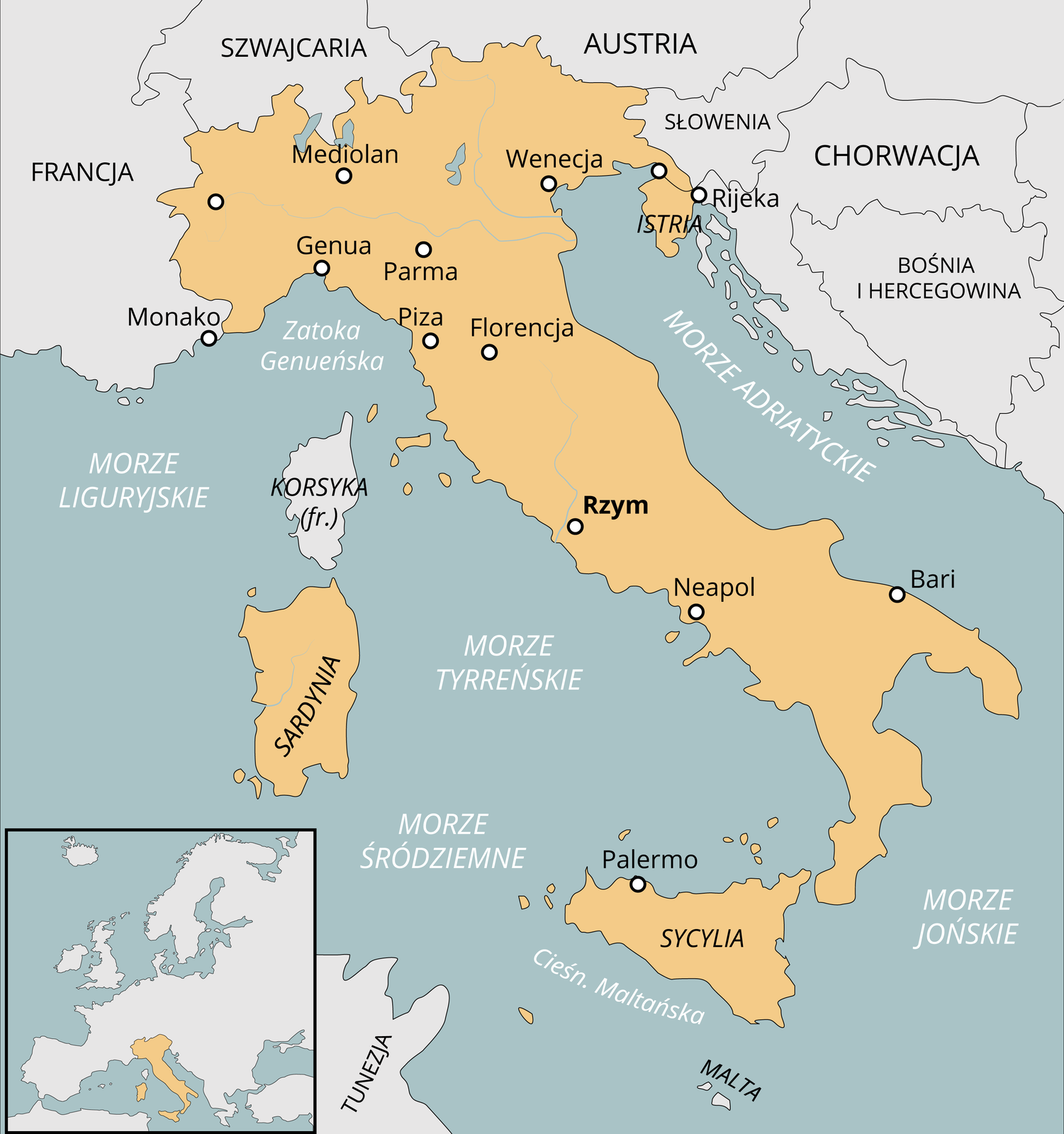 Mapa, na której zaznaczone są Włochy, Istria oraz wyspy Sycylia i Sardynia.