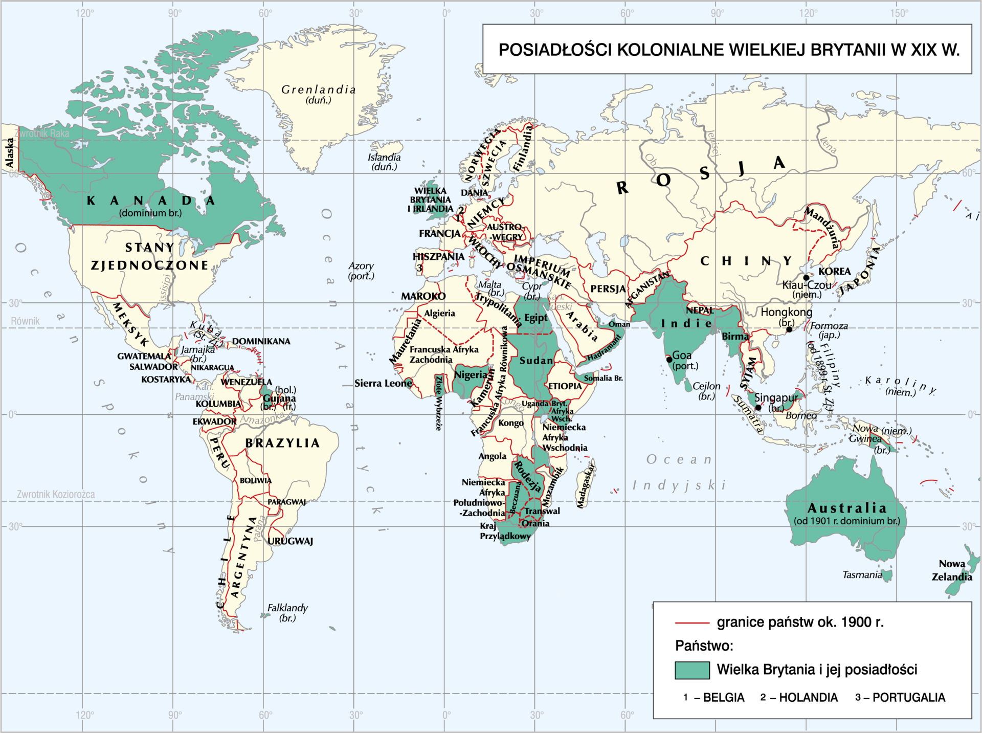 Grafika mapy przedstawiającej posiadłości kolonialne Wielkiej Brytanii w XIX wieku.