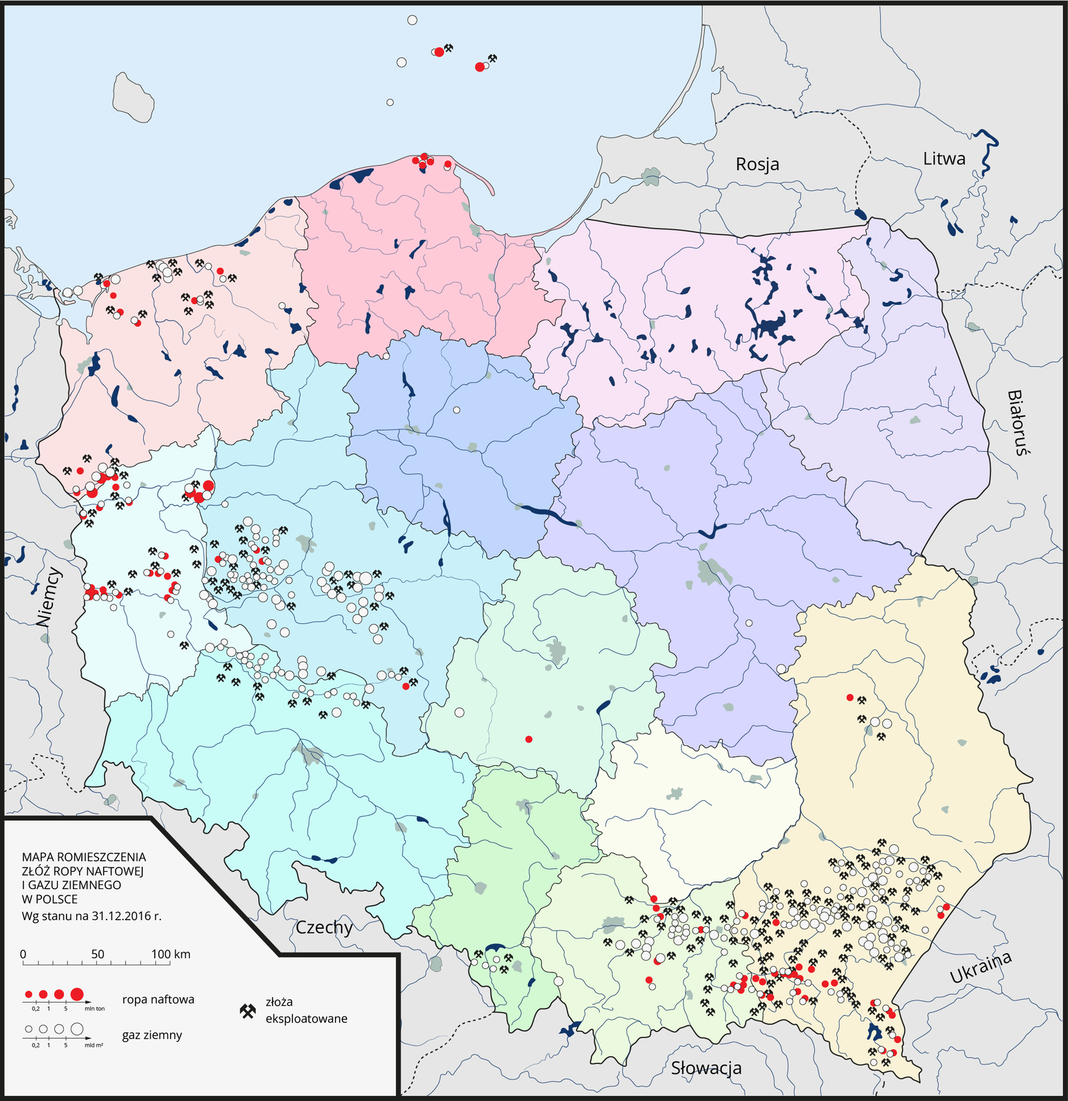 Mapa rozmieszczenia złóż ropy naftowej i gazu ziemnego w Polsce. Gaz ziemny i ropa naftowa: zagłębie surowcowe - Karpaty, Pomorze, zachodnia Polska (między innymi rejon Zielonej Góry). 