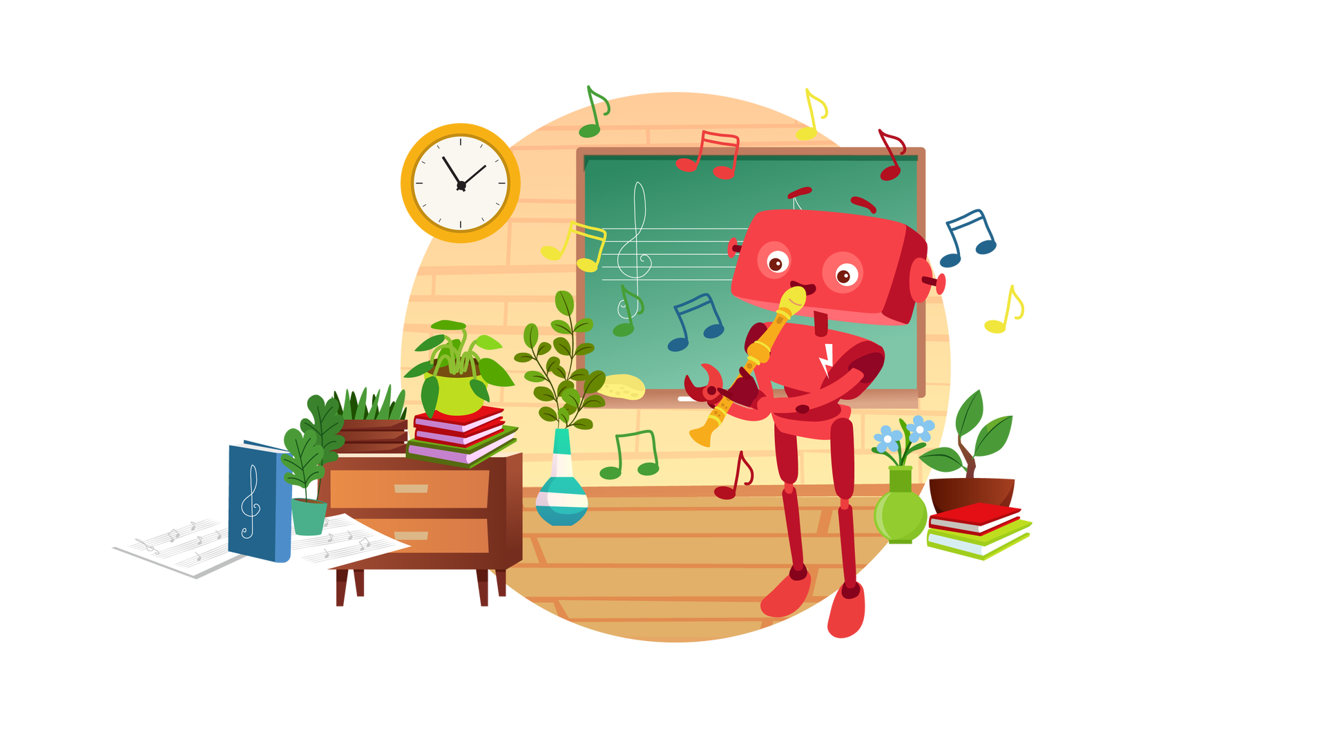Ilustracja przedstawia klasę szkolną. W tle widać bladopomarańczową ścianę, na której wisi zielona tablica w jasnobrązowej ramie z półką. Na tablicy narysowano białą kredą pięciolinię i klucz wiolinowy. Na półce leży żółta gąbka i kawałek białej kredy. Na lewo od tablicy wisi okrągły pomarańczowy zegar ze wskazówkami. Pod zegarem, na drewnianej podłodze, stoi niska brązowa szafka z dwiema szufladami. Na szafce stoi zielona roślina w ciemnobrązowej skrzynce. Są tam również trzy książki ułożone jedna na drugiej. Na książkach ustawiono zieloną roślinę w jasnozielonej donicy. Na lewo od szafki znajduje się kilka przedmiotów: dwie kartki z zapisem nutowym, książka z kluczem wiolinowym na okładce i niewielka zielona roślina w turkusowej donicy. Na prawo od szafki, pod tablicą, widać trzy gałązki z licznymi zielonymi listkami w wysokim wazonie w biało‑turkusowe pasy. Po prawej stronie ilustracji są kolejne dwie książki ułożone jedna na drugiej. Obok nich stoją dwa jasnoniebieskie kwiaty w jasnozielonym wazonie i zielona roślina w ciemnobrązowej donicy. Na środku pomieszczenia stoi Zgrzytek. Jest to czerwony robot o prostokątnej głowie z krótkimi antenkami zamiast uszu, dwiema rękami i dwiema nogami. Na przedniej części jego tułowia widnieje biały znaczek w postaci błyskawicy. Zgrzytek gra na pomarańczowym flecie, który trzyma w rękach. Nad robotem unoszą się kolorowe nutki.