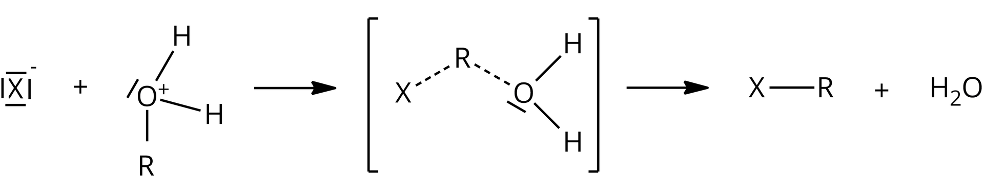 Ilustracja przedstawia następujące równanie: cząsteczka X- plus cząsteczka ROH2, w której atom tlenu ma jedną wolną parę elektronową i posiada ładunek dodatni, po prawej stronie strzałka w prawo. Nawias kwadratowy, w nawiasie cząsteczka XROH2, w której wiązania pomiędzy X a R oraz R a O są zapisane linią przerywaną. po prawej stronie strzałka w prawo dalej cząsteczka XR plus cząsteczka wody.