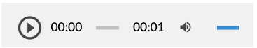 Grafika przedstawia panel odtwarzacza. Od lewej widoczna jest ikona włączenia odtwarzacza – ikona składa się z trójkąta wpisanego w okrąg. Wierzchołek trójkąta skierowany jest w prawo. Oba kształty są ciemnoszare. Tło jest siwe. Następnie widoczny jest pasek z czasem nagrania – od lewej początek nagrania 00:00, następnie siwy krótki pasek, a po prawej czas całego nagrania – jedna sekunda.Po lewej widnieją ikony zmiany głośności dźwięku w nagraniu. Składa się on z ikony megafonu skierowanego w prawo, od którego odchodzą dwie półokrągłe linie symbolizujące fale dźwiękowe. Po prawej stronie megafonu znajduje się niebieski pasek, który umożliwia zmianę poziomu głośności.