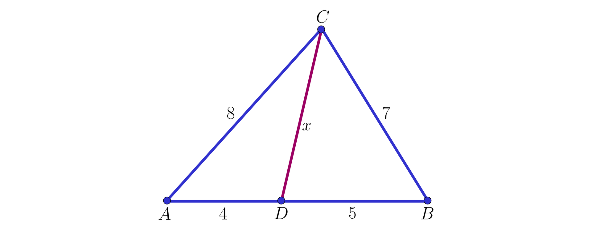 Ilustracja przedstawia trójkąt ABC, długość boku AC ma miarę 8, a długość boku BC ma miarę 7 z wierzchołka C poprowadzono prostą x na podstawę tworząc punkt D, który dzieli podstawę AB  na odcinki AD równe 4 oraz BD równe 5