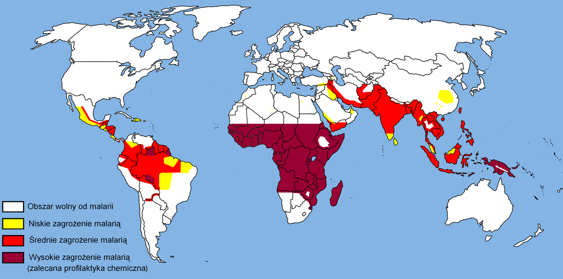 Grafika przedstawia obszary zagrożenia malarycznego wskazane kolorami na mapie świata. Kolor czerwony oznacza średnie zagrożenie malarią i obejmuje Azję Południowo‑Wschodnią, Amerykę Środkową oraz północną część Ameryki Południowej. Kolor ciemnoczerwony, obejmujący obszar środkowej Afryki, oznacza wysokie zagrożenie malarią (zalecana profilaktyka chemiczna). Kolor żółty oznacza niskie zagrożenie malarią i obejmuje środkową część Amerykę Południowej, północną część Ameryki Środkowej oraz punktowe obszary w Azji Południowo‑Wschodniej. Kolor biały oznacza obszar wolny od malarii i obejmuje obszary na północ i południe od pozostałych kolorów.