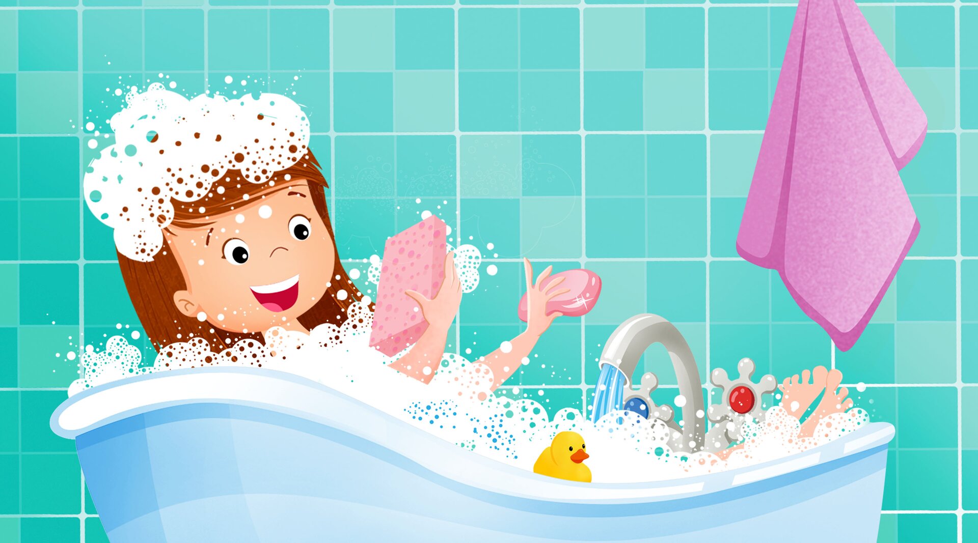 Na ilustracji znajduje się dziewczynka w kąpieli.