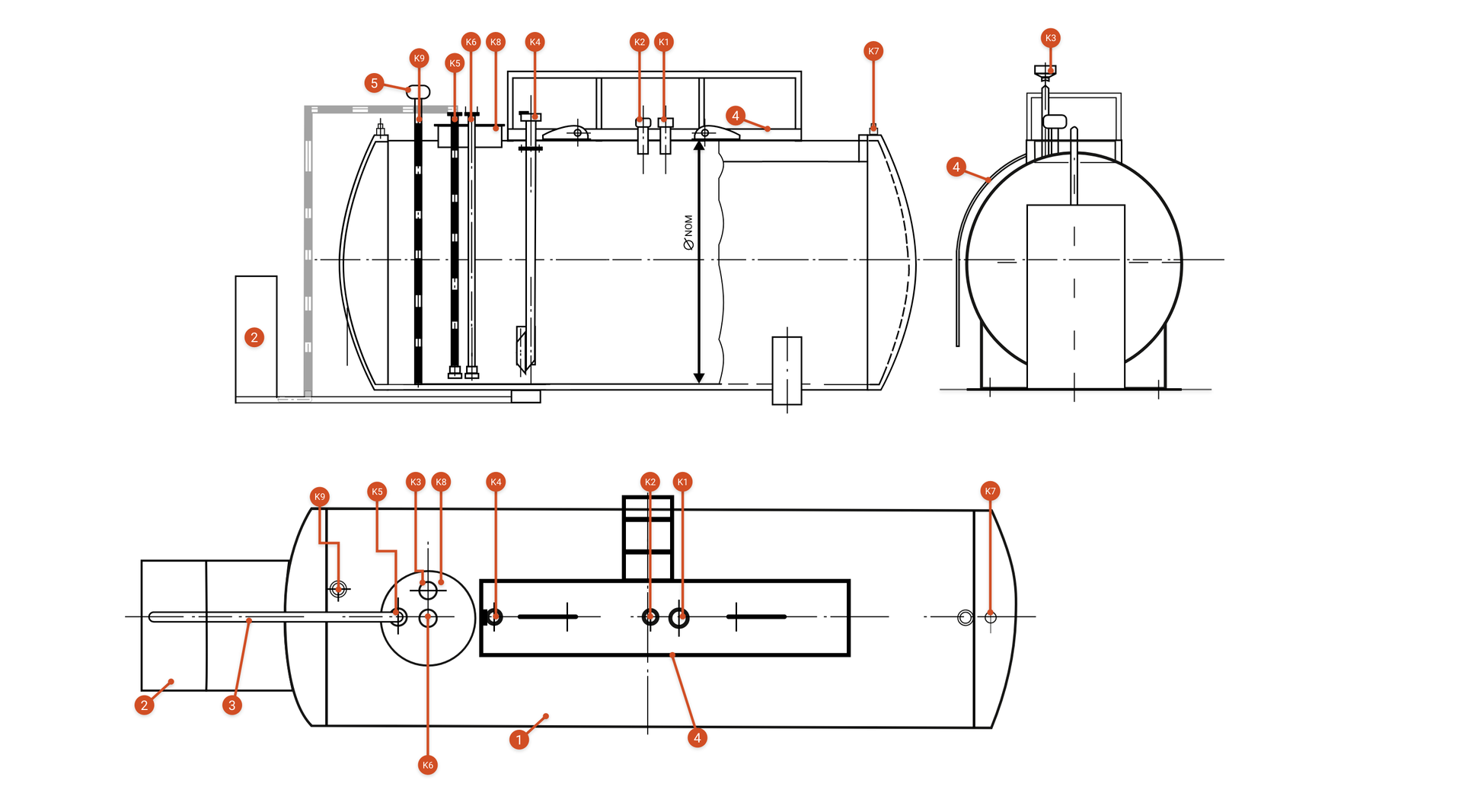 Rysunek przedstawia rzuty na zbiornik typu walczak leżący dwupłaszczowy. Zbiornik na kształt prostokąta zorientowanego dłuższymi bokami poziomo, zaś krótszymi pionowo. Na krótszych bokach wykreślone są łuki wypukłe na zewnątrz, ich końce stanowią wierzchołki wspomnianego prostokąta. Łuki stanowią również część zbiornika. Po lewej stronie, tuż przed zbiornikiem znajduje się prostokąt z dłuższymi bokami zorientowanymi pionowo, reprezentuje on dystrybutor. Pogrubioną linią zamalowaną naprzemiennie na szaro i biało zaznaczono rurociąg prowadzący od podłoża pomiędzy dystrybutorem a zbiornikiem do lewej, górnej części zbiornika, gdzie zamontowany jest zawór odcinający. Rzut boczny stanowi koło osadzone na prostokącie. Na kole zaś narysowany jest prostokąt z pionowo zorientowanymi dłuższymi bokami, reprezentujący wspomniany już dystrybutor. Koło symbolizuje zbiornik. Z lewej strony opisanego rzutu bocznego znajduje się drabinka. Prowadzi ona na pomost obsługowy zabudowany barierką zabezpieczającą. W bocznym rzucie, który stanowi prostokąt, oraz rzucie z góry zaznaczono odpowiednie króćce wbudowane w zbiornik. W rzucie bocznym są one reprezentowane przez prostokąty, których dłuższe boki zorientowane są pionowo, na których krótszym górnym boku osadzony jest prostokąt z dłuższymi bokami zorientowanymi poziomo. Od lewej strony na górze zbiornika znajdują się: króciec detektora przecieków, króciec ssący, króciec odwodnienia, na przekroju bocznym zaznaczono ich przedłużenia przechodzące do wnętrza zbiornika, sięgające tuż nad jego dno. Dalej jako prostokąt osadzony na górnej ściance zbiornika przedstawiono właz. Następnie króciec zlewowy w około jednej trzeciej długości zbiornika od lewej. Jego przedłużenie również sięga prawie do dna zbiornika. Tuż za połową długości zbiornika, u góry wbudowane są dwa króćce pomiarowe, odpowiednio 2″ (pomocniczy) oraz 4″. Na końcu zbiornika, w górnej części, po prawej stronie znajduje się króciec kontroli przecieków (odpowietrzenia).