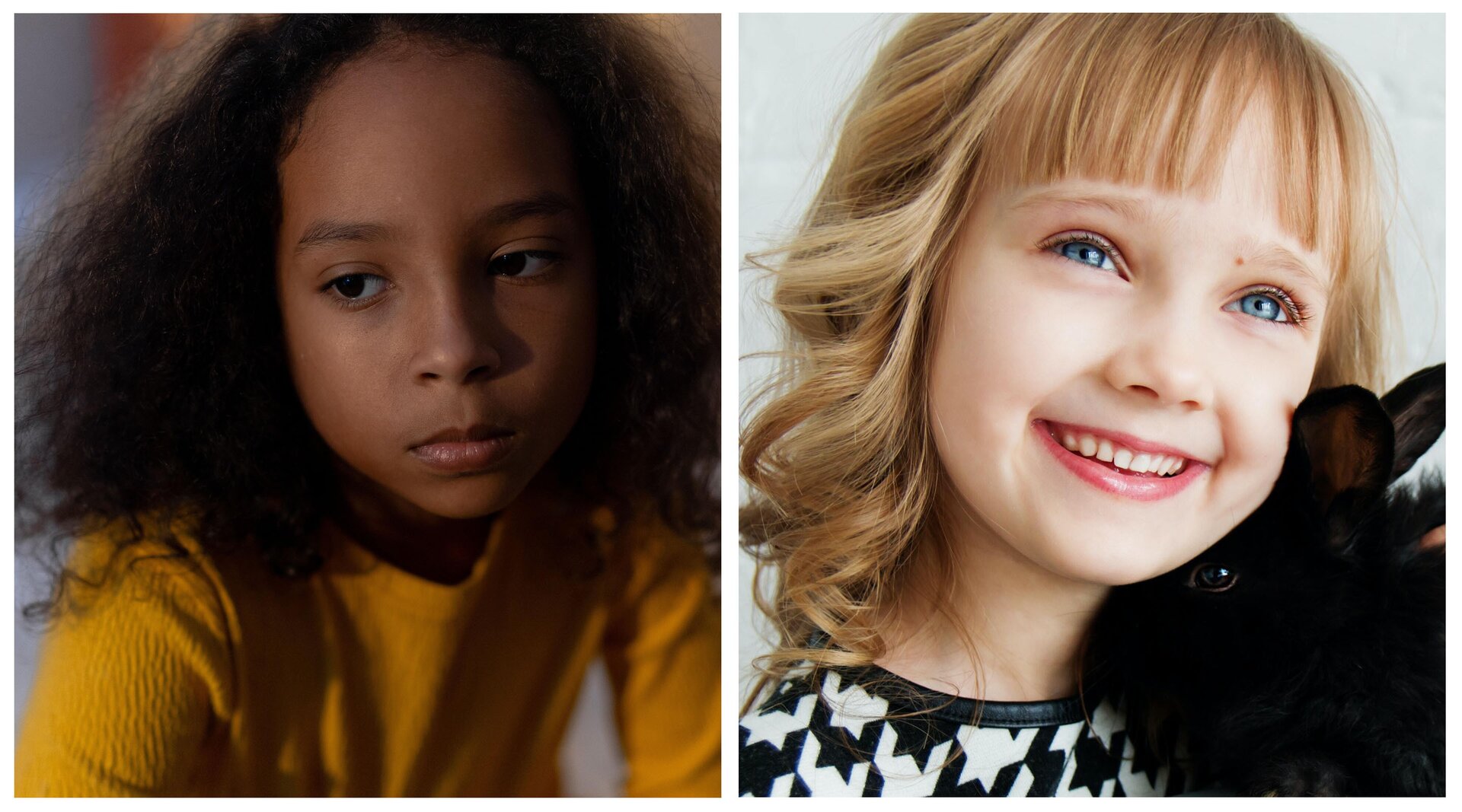 Widoczne są dwie ilustracje. Jedna przedstawia smutną, a druga uśmiechniętą dziewczynkę.