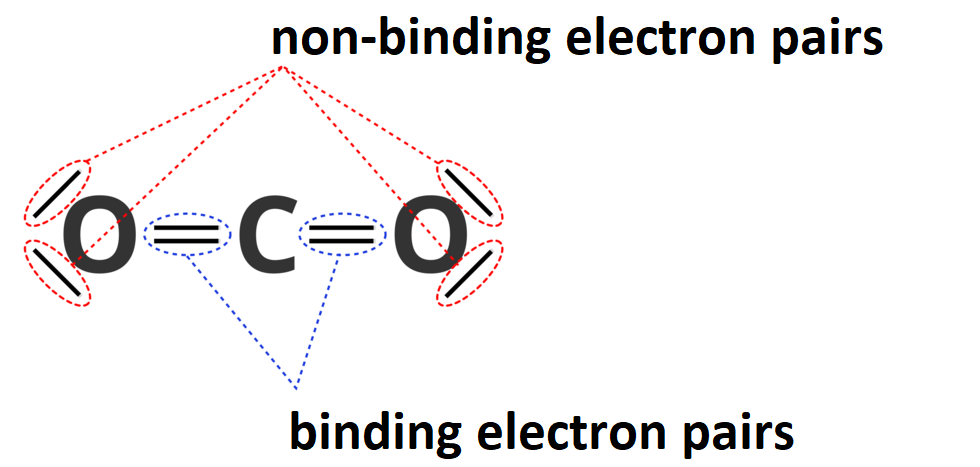 Ilustracja przedstawia wiążące i niewiążące (wolne) pary elektronów w dwutlenku węgla. Pary wiążące: to te znajdujące się pomiędzy symbolem atomu węgla a symbolami atomów tlenu. Niewiążące to te leżące na zewnątrz symboli atomów tlenu. Ilustracja zawiera anglojęzyczne nazwy: non-binding electron pairs, binding electron pairs.