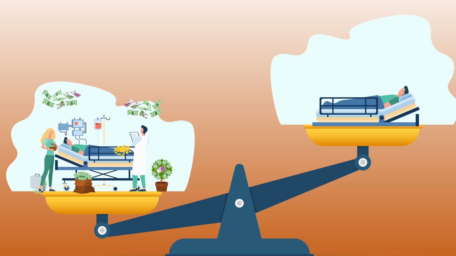 Ilustracja przedstawia wagę szalkową. Po lewej stronie, która przechyla wagę na swoja stronę jest obraz łóżka szpitalnego z leżącym na nim pacjentem. Widoczna jest aparatura szpitalna oraz personel medyczny. Z boku przy łóżku stoją kwiaty a nad łóżkiem latają banknoty. Druga strona wagi przedstawia łóżko szpitalne z pacjentem. 