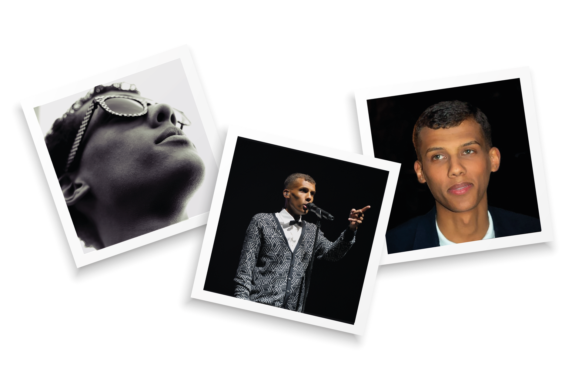 Kolaż przedstawia trzy zdjęcia Stromae. Pierwsze zdjęcie przedstawia zbliżenie na twarz piosenkarza w okularach przeciwsłonecznych. Drugie zdjęcie przedstawia mężczyznę na scenie. Artysta ma na sobie koszulę z czarną muchą i wzorzysty kardigan. Trzecie zdjęcie przedstawia portret mężczyzny w białej koszulce i czarnej marynarce.