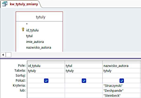 Ilustracja zawiera zrzut ekranu z programu. W górnej części grafiki widnieje kwadratowe pole zawierające informację o tytułach takie jak id tytułu, tytuł, imię autora oraz nazwisko autora. Poniżej widoczna jest tabela zawierająca szczegółowe dane dotyczące tytułów.