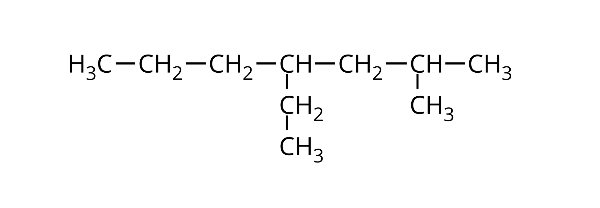 Na ilustracji jest wzór: opis od lewej strony - grupa metylowa łączy się z grupą metylenową. Ta łączy się z grupą metylenową, która po prawej stronie łączy się z grupą CH. Grupa CH łączy się w dół z grupą metylenową, która jest połączona z grupą metylową. Grupa CH w prawo łączy się z grupą metylenową. Ta z kolei łączy się po prawej stronie z grupą CH. Grupa CH łączy się z dwiema grupami metylowymi - na dole oraz po prawej stronie.  