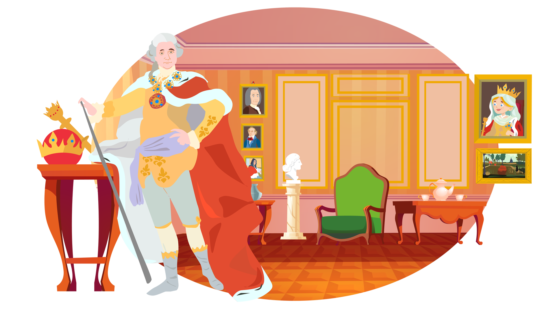 Ilustracja przedstawia bogato zdobioną salę Zamku Królewskiego. W tle widać różowy sufit i złotą ścianę, na której wisi kilka obrazów w złotych ramach – trzy po lewej i dwa po prawej stronie. Obrazy po lewej stronie przedstawiają trzy portrety mężczyzn. Pierwszy obraz po prawej stronie przedstawia portret kobiety w złoto‑czerwonych szatach i złotej koronie. Drugi obraz, znajdujący się poniżej, przedstawia teren porośnięty pojedynczymi drzewami liściastymi. Po prawej stronie widać w oddali zamek, a na pierwszym planie mężczyznę stojącego na ścieżce. Jest on ubrany w długi czarny płaszcz i czarny kapelusz. Wzdłuż ściany, pomiędzy obrazami, stoi kilka mebli. Po lewej stronie znajduje się brązowy stolik, na którym ustawiono srebrny wazon. Na prawo od stolika jest beżowa kolumna z białą rzeźbą głowy kobiety. Obok stoi zielony fotel i brązowy stół. Na stole ustawiono beżowo‑złoty dzbanek i dwie filiżanki. Na pierwszym planie ilustracji, po lewej stronie, stoi wysoki drewniany stolik. Widać na nim złotą koronę na czerwonej poduszce oraz złote berło. Jest to podłużny przedmiot należący do króla. Obok stoi mężczyzna w siwej peruce. Jest ubrany w złoto‑beżowe szaty i biało‑czerwoną pelerynę sięgającą podłogi. Na nogach ma wysokie szare buty. W prawej dłoni trzyma długą szablę, a jego prawa dłoń jest oparta o biodro. Mężczyzna ma na szyi bogato zdobiony złoty naszyjnik.