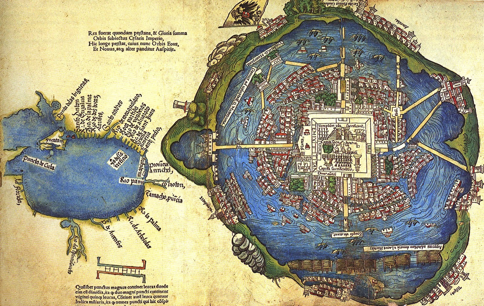 Ilustracja barwna przedstawiająca mapę miasta na wyspie Tenochtitlán i zatoki Meksyku wykonanego przez jednego z ludzi Cortesa.
