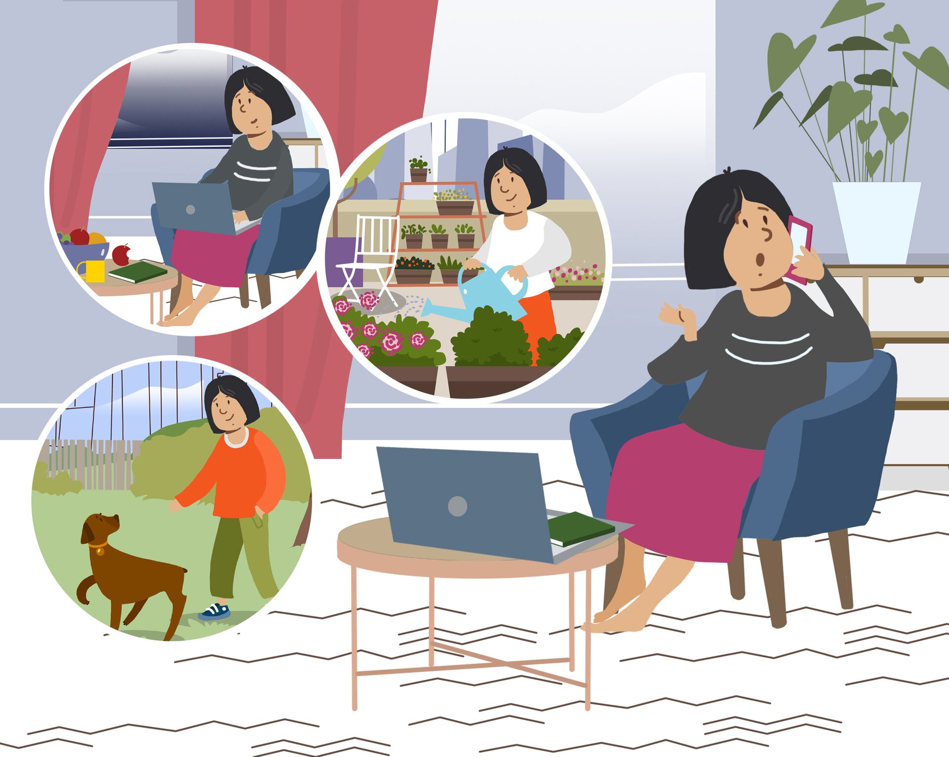 Na ilustracji widoczna jest kobieta, która siedzi na fotelu w salonie. Przed nią znajduje się stolik z laptopem. Kobieta rozmawia przez telefon. Po lewej stronie ilustracji znajdują się trzy okienka, które przedstawiają konkretne sytuacje. Na pierwszym kobieta pracuje przy komputerze, na drugim podlewa kwiaty w ogrodzie, a na trzecim bawi się z psem.