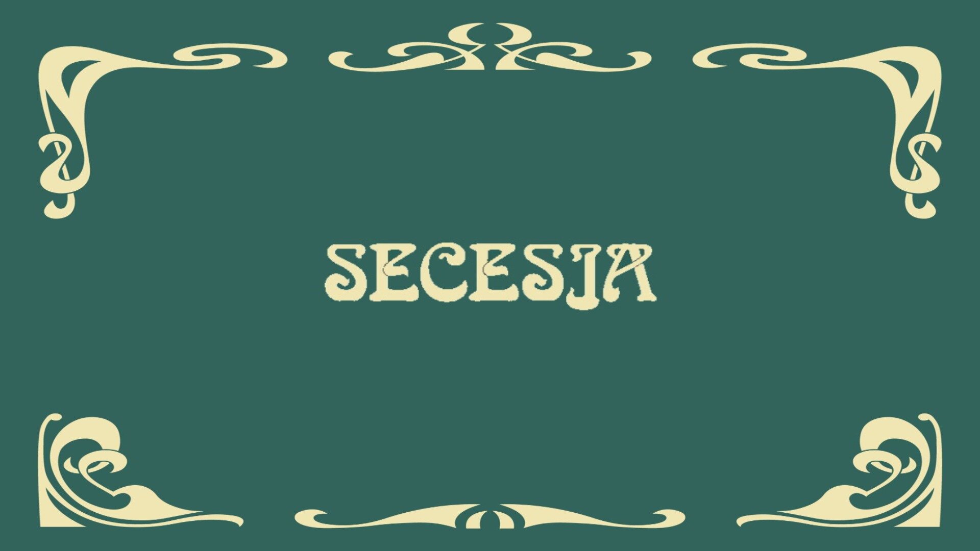 Ilustracja przedstawia kremowy napis: SECESJA umieszczony na ciemnozielonym tle. Ilustracja posiada zdobienia nawiązujące do stylu secesyjnego - różnego rodzaju zawijasy oraz ornamenty.