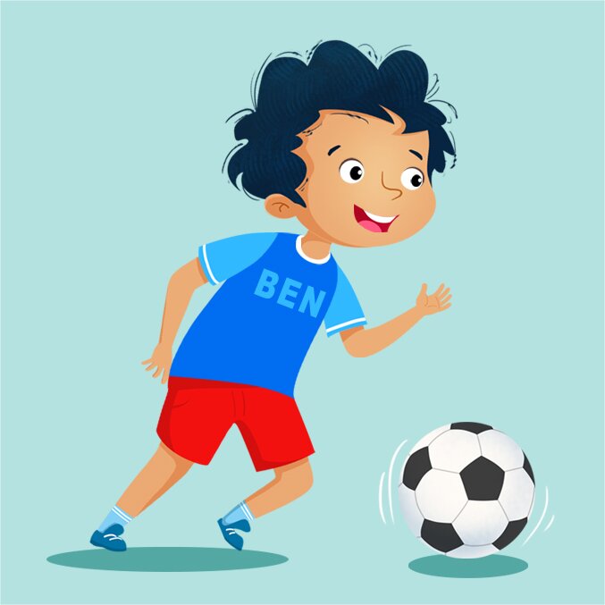 Ilustracja przedstawia Bena, który gra w piłkę nożną.