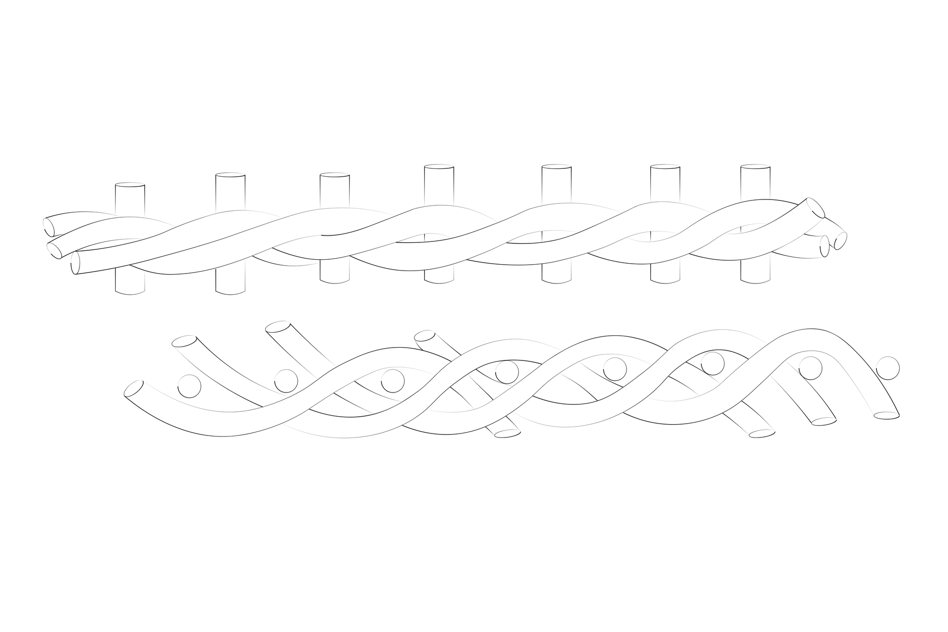 Grafika przedstawia splot wężykowy trzyprętowy w perspektywie od boku i od góry. Opis splotu znajduje się w treści powyżej.
