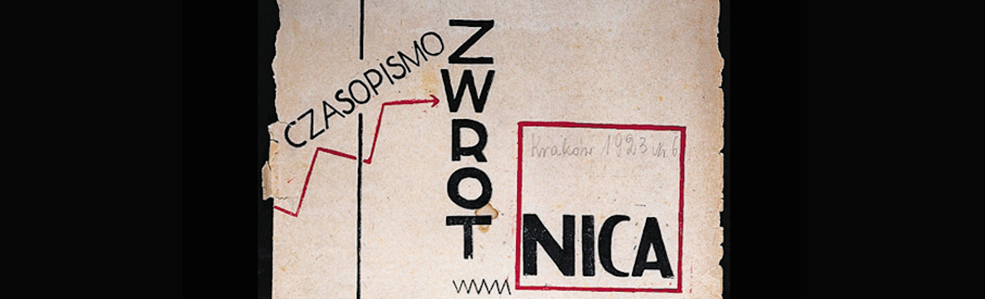 Zdjęcie przedstawia stronę tytułową czasopisma Zwrotnica. Widać na niej nazwę czasopisma, miejsce wydania - Kraków, rok wydania - 1923 oraz numer - 6. Pojawia się także strzałka wskazująca na nazwę.