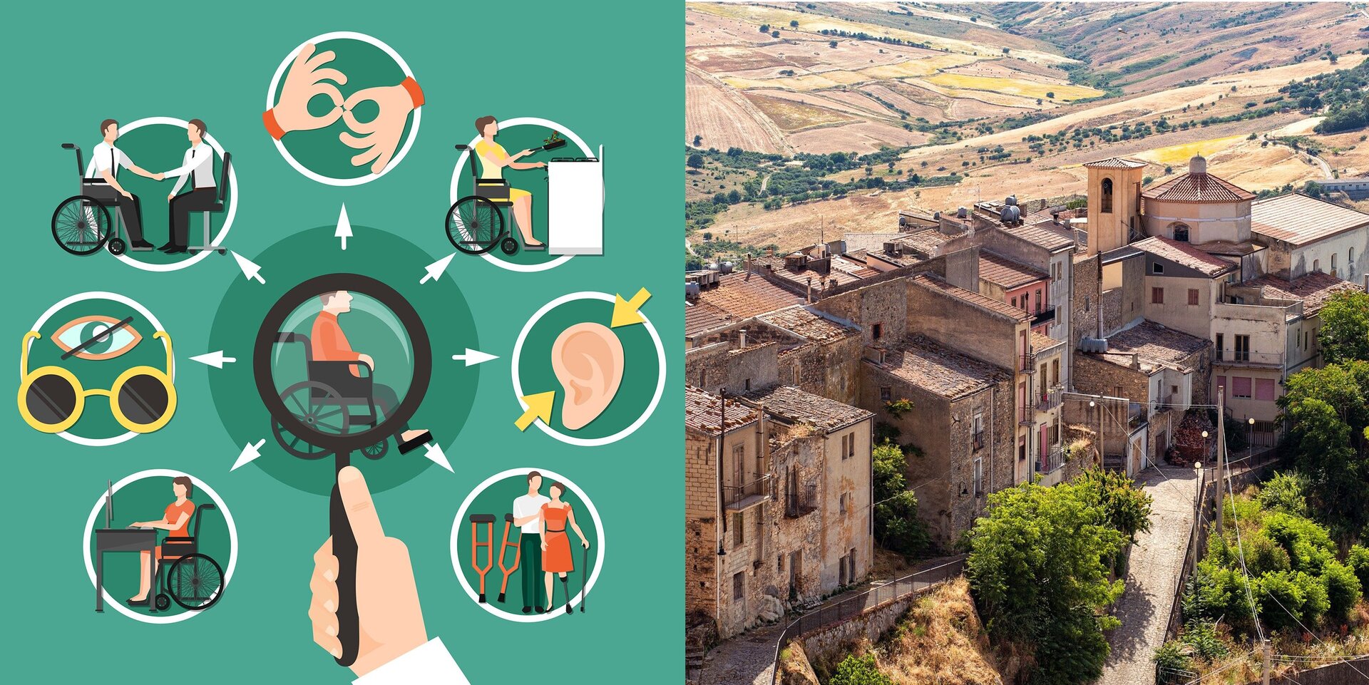 Ilustracja składa się z dwóch zdjęć. Po lewej znajduje się grafika, która ukazuje postać na wózku inwalidzkim oglądaną przez lupę. Wokół postaci w kółeczkach umieszczono: okulary i przekreślone oko, ucho, postać z protezą nogi, osobę na wózku siedzącą przy komputerze, dwie dłonie z połączonymi kciukiem i palcem wskazującym, osobę na wózku trzymającą patelnie oraz dwie osoby siedzące na przeciwko siebie jedna na wózku a druga na krześle. Drugie zdjęcie wykonano z lotu ptaka i przedstawia kamienice starego miasta.